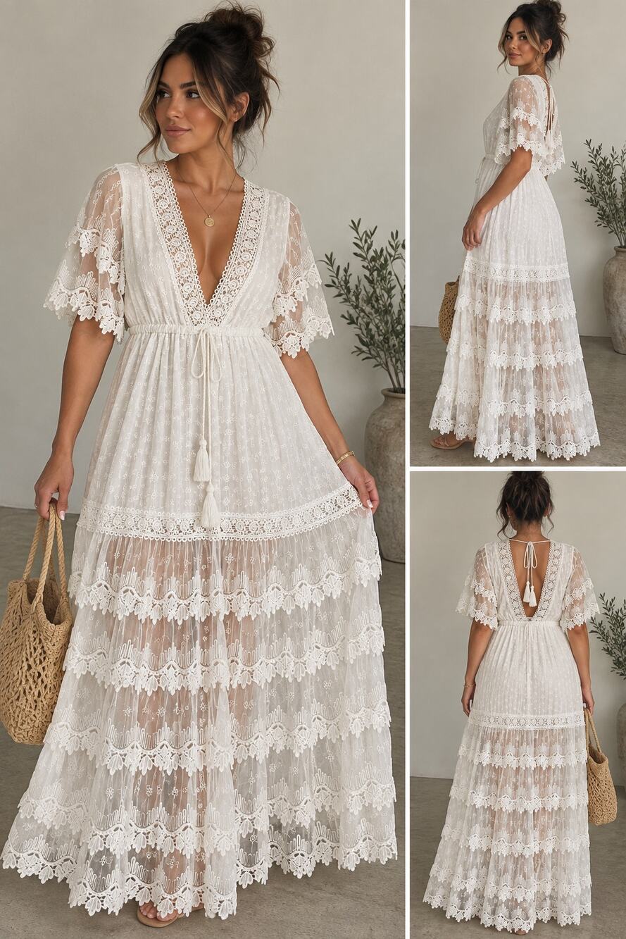 White Lace Embroidered Maxi Dress Deep V Tiered Boho Festival Bridal